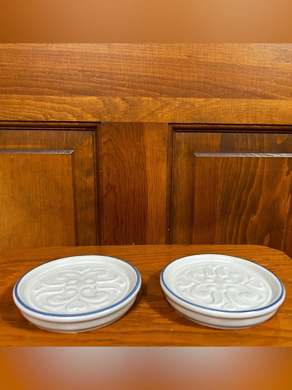 Vintage Pfaltzgraff Yorktowne Blue Rim Embossed Stoneware Coasters Set of 2
